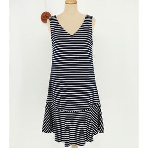 Buckley K Navy White‎ Stripe Sleeveless V Neck Drop Waist Ruffle Dress Size 8